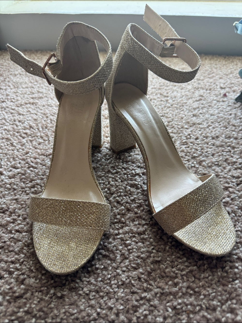 David’s Bridal Gold Glitter Block Heel Ankle Strap Sandals